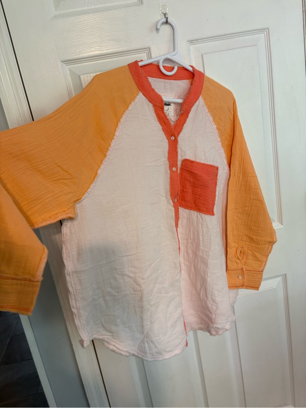 aerie White Shirt with Coral-Orange Trim and Pocket